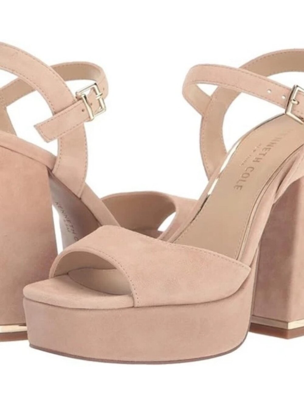 NWT Kenneth Cole Dolly Nude Beige Leather Suede Block Platform Heels, Size 9